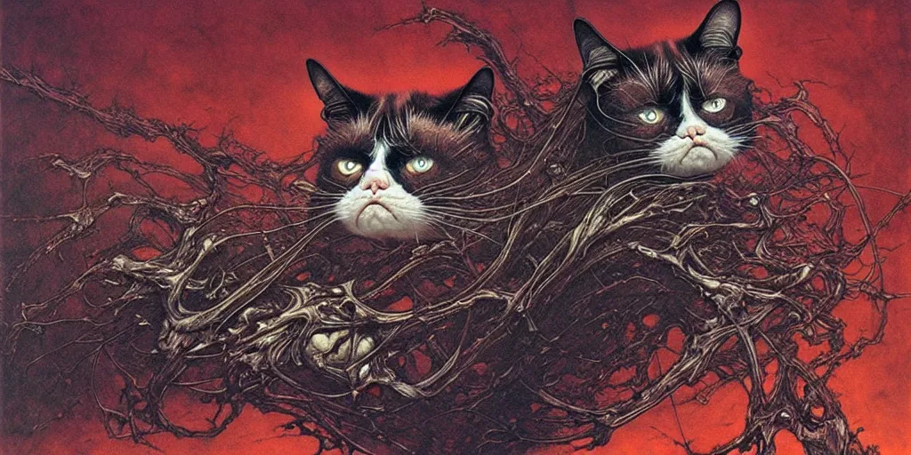 Image similar to a spirit of grumpy cat, red lake, рhighly detailed, holland angle, art by Ayami Kojima, Beksinski, Giger