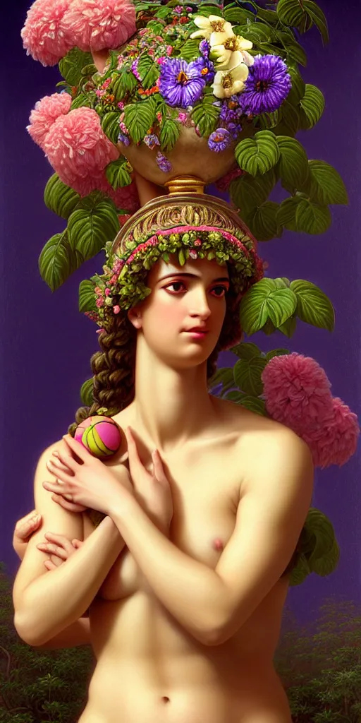 Image similar to portrait of the goddess of tennis, unusual beauty, flowers and plants, emotionally evoking symbolic metaphors, head in focus, fantasy, ornamental, intricate, elegant, sensual, highly detailed digital painting, artstation, concept art, painterly, golden ratio, sharp focus, illustration, art by John William Godward and Boris Vallejo and Zdzisław Beksiński,