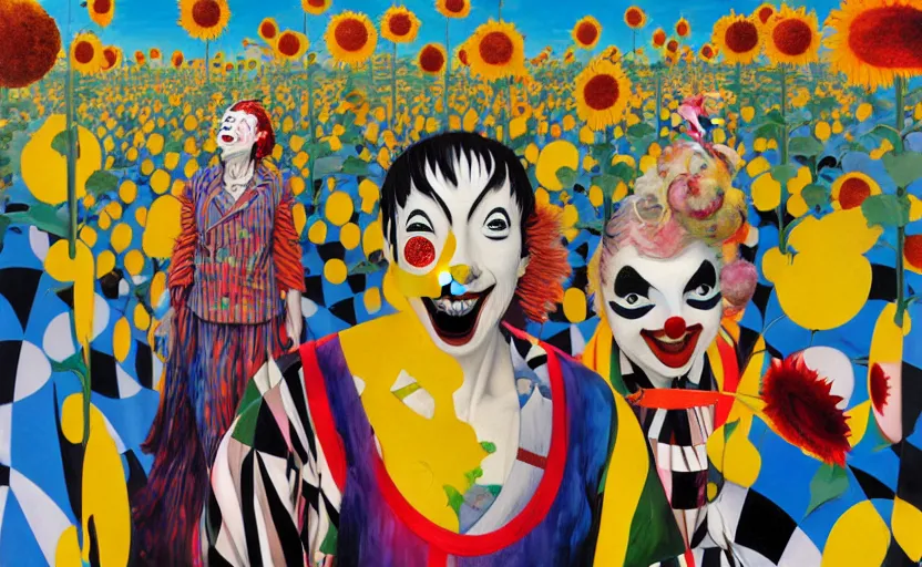 Prompt: decollage painting clowns on stilts walk through a field of sunflowers by adrian ghenie and takato yamamoto and edward hopper and mark ryden and tsutomu nihei, part by bridget riley, acrylic pour and splashing paint, very coherent, baroque elements, perfect anatomy, intricate design. pop art.