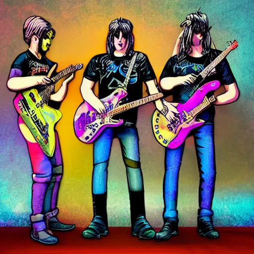 Image similar to merchandise tshirt art of a fictive rockband with 3 dieselpunk robots playing guitar, 8 k, flourescent colors, halluzinogenic, multicolored, exaggerated detailed, front shot, 3 d render, octane