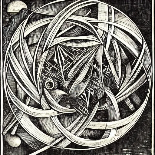 Image similar to abstract art, engine of creation, geometric, engraving by albrecht durer