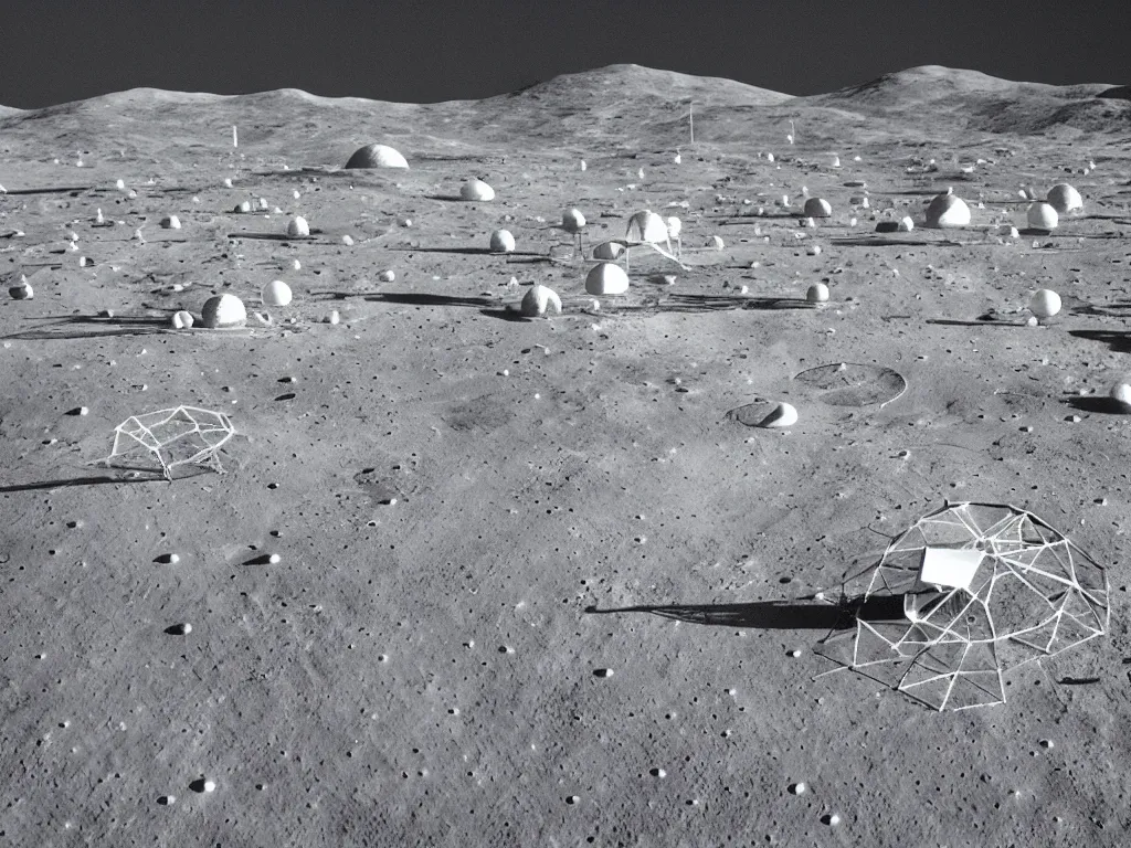 Prompt: lunar landscape with high-tech white moon base, geodesic domes, pipes