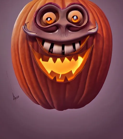 Image similar to a tim burton design of a pumpkin face with eye bags, giant and fat, laughing, detailed game art illustration, menacing carved facial expression, creepy lighting, 4 k artstation, masterpiece