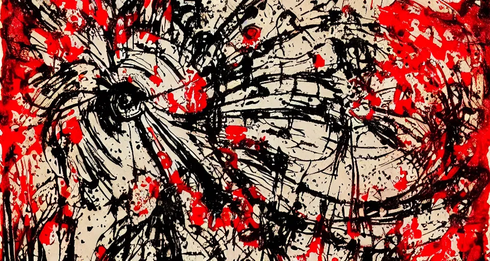 Image similar to category b film poster with trace of a shot in centre, ink painting with patterns, texture, blood splatter on the sides, focus render, painting, grainy tape, distortion, few details,