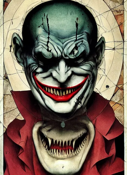 Prompt: The Joker from Dark Knight by Hieronymus Bosch and James Jean, rule of thirds, highly detailed features, perfect symmetry, horror elements, horror theme, award winning