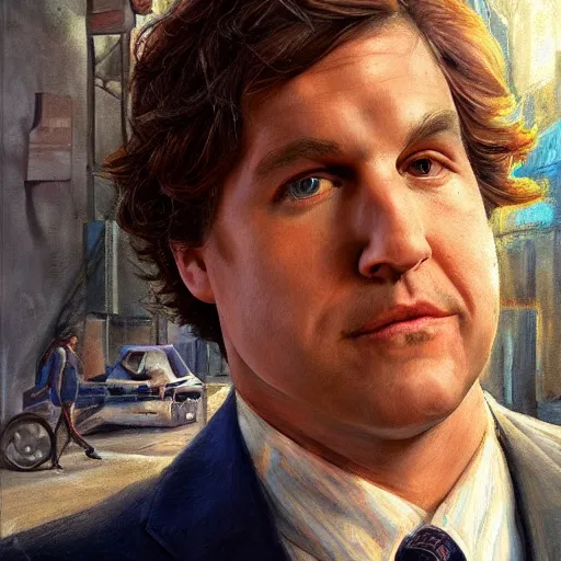 Prompt: a perfect, realistic professional oil painting in classicism style, of Tucker Carlson posing in a dystopian alleyway, close-up, by a really great American senior artist on ArtStation, a high-quality Hollywood-style concept