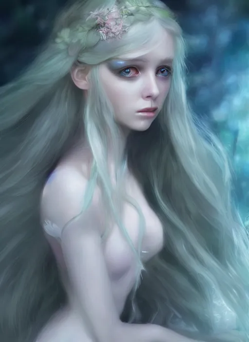 Image similar to pale, beautiful fairy spirit with long hair, pastels, fantasy, elegant, concept art, sharp focus, beautiful face!!, digital art, Hyper-realistic, 4K, Unreal Engine, Highly Detailed, HD, Dramatic Lighting, Beautiful, by Brom, trending on Artstation