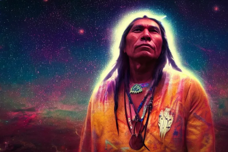 Image similar to photograph of a spiritual native american man looking up at the stars, art, universe, blender, pastel colors, synthwave, retro, cyberpunk,