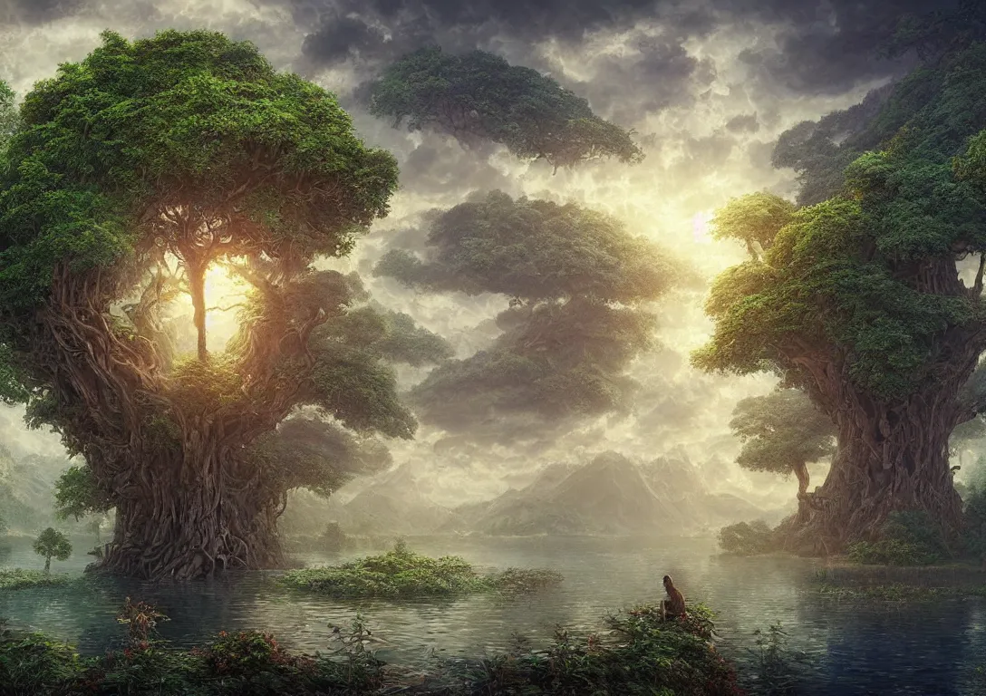 Image similar to beautiful hyper realistic detailed matte painting of big fantasy tree of life in the middle of lake in garden of eden, hdr, by Moebius and John Howe and Albert Bierstadt and Alena Aenami, ultra detailed, high resolution