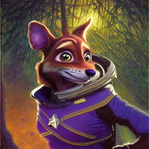 Image similar to a portrait of an female canine alien scales in starfleet uniform at night in a dark forest. zootopia fursona furaffinity furry art detailed face painting by gaston bussiere craig mullins jc leyendecker gustav klimt artgerm greg rutkowski furry