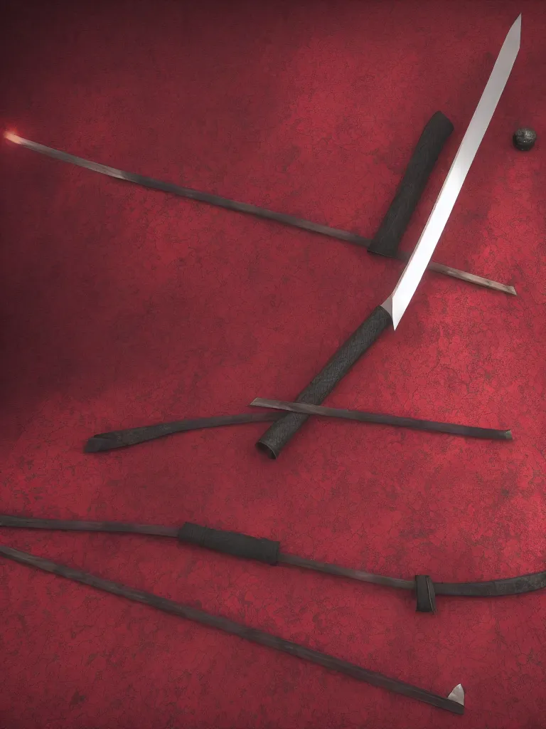 Image similar to a katana with a square tsuba sheathed inside a crimson colored scabbard, cinematic lighting, 4k