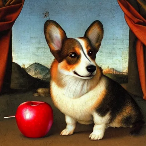 Prompt: corgi with an apple on its head, 4 k, leonardo da vinci