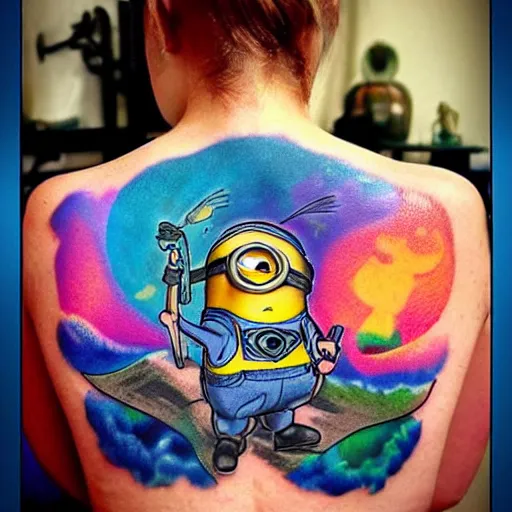 Image similar to tattoo of minion on female back, epic, colorful, beautiful, intricate detail