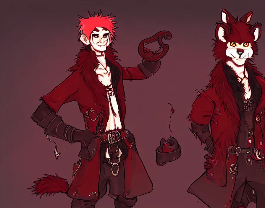 Image similar to furry - male - red - black - weasel - necromancer - fursona uhd ue 5 visual novel pc game expressions