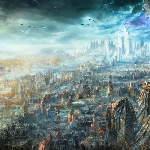 Prompt: fully destroyed city from bird view fantasy landscape, high detail, fantasy art, concept art, 4 k, ultra detail, computer art