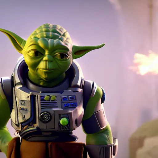 Image similar to yoda as buzz lightyear buzz lightyear in gears of war, splash art, movie still, cinematic lighting, dramatic, octane render, long lens, shallow depth of field, bokeh, anamorphic lens flare, 8 k, hyper detailed, 3 5 mm film grain