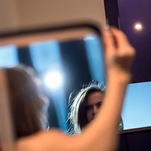 Image similar to woman taking a selfie only to see a horrific image in the reflection
