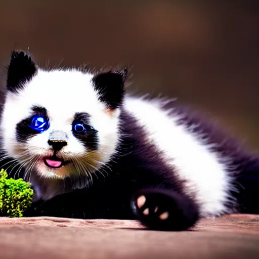 Image similar to cute kitten with panda body and cat face, eats bambus, highly detailed, sharp focus, photo taken by nikon, 4 k