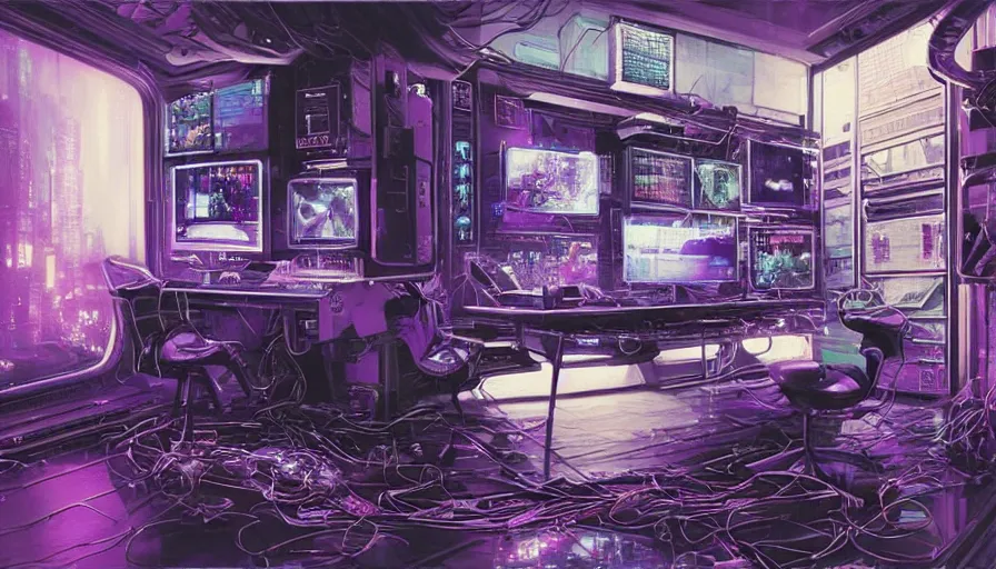 Image similar to A highly detailed rendering of a Cyberpunk hackers bedroom which has sophisticated hi-tech computers and hologram wall boards surrounded by messy cables, soft neon purple lighting, reflective surfaces, sci-fi concept art, by Syd Mead and H.R.Giger, highly detailed, oil on canvas
