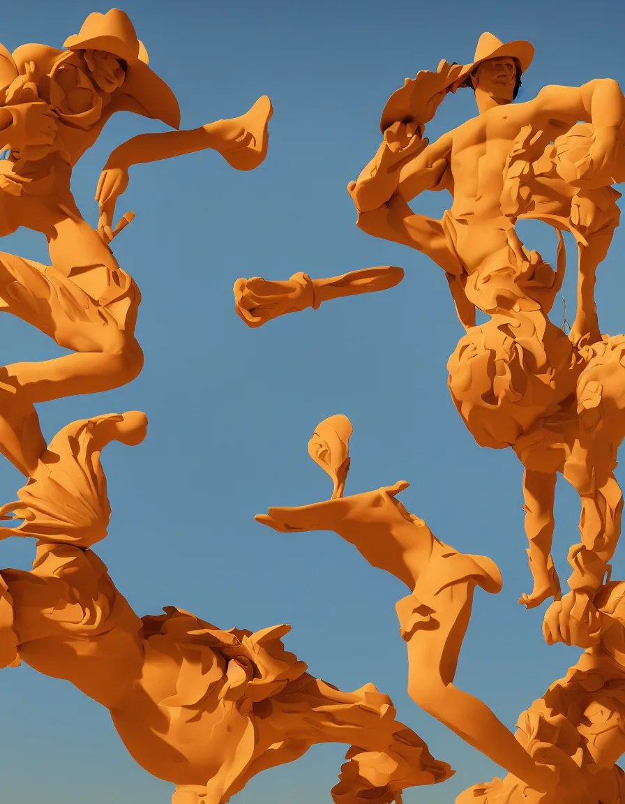 Image similar to a cowboy turning into blooms by slim aarons, by zhang kechun, by lynda benglis, by frank frazetta. tropical sea slugs, angular sharp tractor tires. bold complementary colors. warm soft volumetric light. 8 k, 3 d render in octane unreal engine. a manly cowboy riding by syd mead. sculpture by antonio canova. blue orange