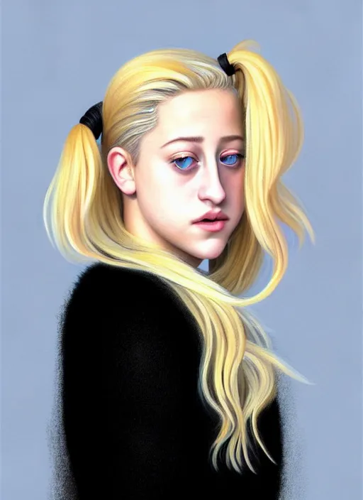 Image similar to full body portrait, teenage lili reinhart, blonde hair, obese, bangs, ponytail, sultry, realistic, sweater, fluffy bangs, fully clothed, curly bangs, fat, belly, intricate, elegant, highly detailed, digital painting, artstation, concept art, smooth, sharp focus, illustration, art by wlop, mars ravelo and greg rutkowski