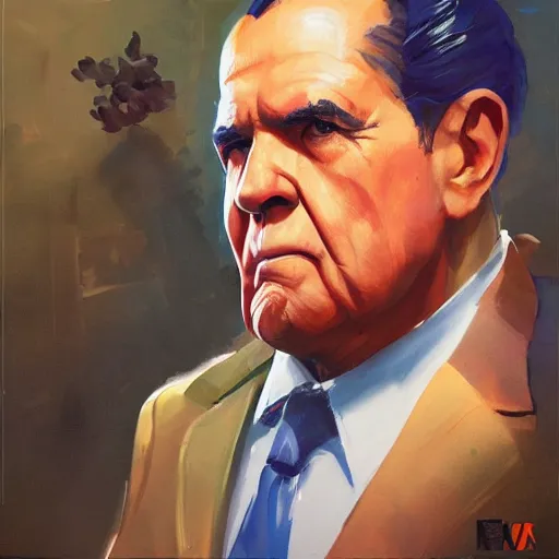 Prompt: greg manchess painting of richard nixon as an overwatch character, profile picture, matte painting, bold shapes, hard edges, street art, trending on artstation, by huang guangjian and gil elvgren and sachin teng