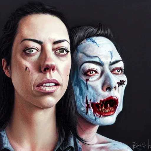 Image similar to color head portrait of aubrey plaza and lena headey grinning as a zombie, 7 days to die zombie, gritty background, fine art, award winning, intricate, elegant, sharp focus, cinematic lighting, digital painting, 8 k concept art, art by michael hussar, art by brom, art by guweiz and z. w. gu, 8 k