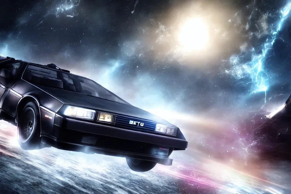 Prompt: ultra realistic delorean dmc 5 drifting on an ancient space highway in space, motion render, dark cinematic, volumetric, realistic, 3 d render, realistic render, cinematic lighting, volumetric lighting, atmospheric, cinematic, unreal engine 5, unreal engine render, octane render, hd, photorealism, hyper realistic, photo, 8 k