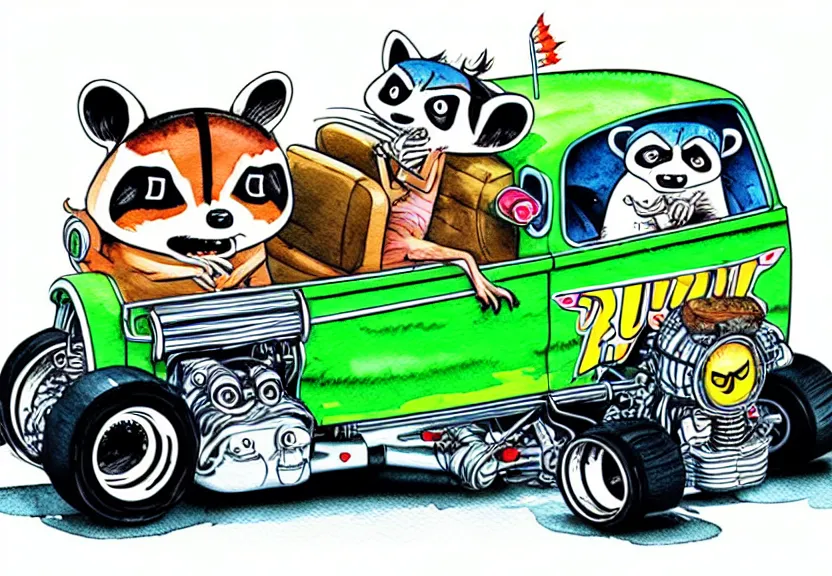 Image similar to cute and funny, racoon riding in a tiny hot rod truck with ( very ) oversized engine, ratfink style by ed roth, centered award winning watercolor pen illustration, isometric illustration by chihiro iwasaki, edited by range murata