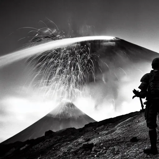 Image similar to A heavy-armored soldier standing infront of an erupting volcano, black and white, professional photography, eerie, cinematic