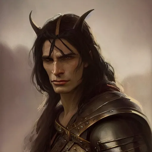 Image similar to character design, portrait of a attractive half elf half orc male with long black hair and proeminent cheekbones, medieval, dark armor, painting by wlop, nixeu and greg rutkowski, beautiful, cgsociety, semirealism, artstation, octane render, sharpness, 8 k, golden ratio