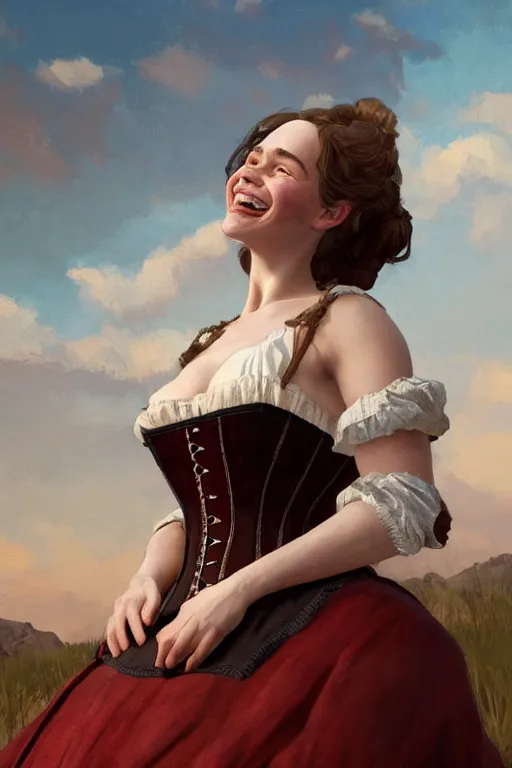 Image similar to Emilia Clarke smiling warmly in a 1800s American Corset in Red Dead Redemption anatomy, only two hands, highly detailed, digital painting, artstation, concept art, smooth, sharp focus, illustration, Unreal Engine 5, 8K, art by art by artgerm and greg rutkowski and edgar maxence