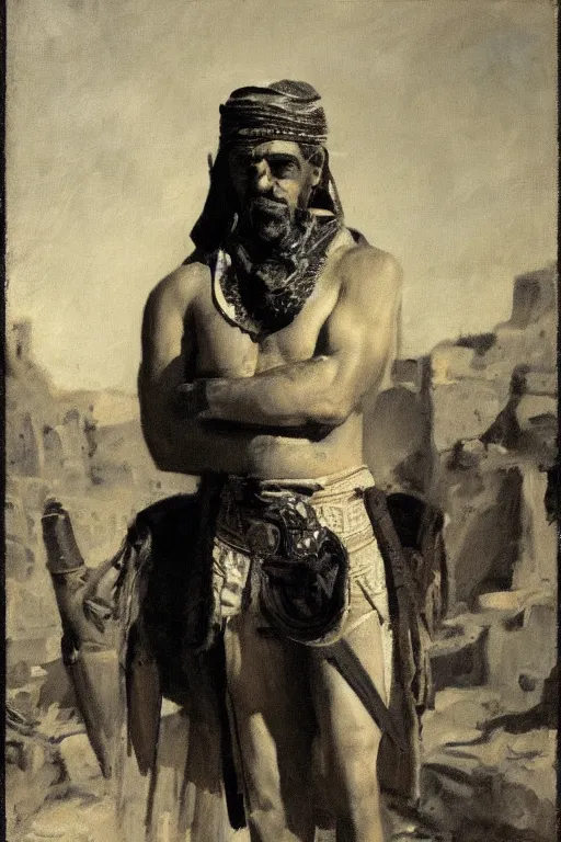 Image similar to hero portrait of a vince mcmahon in old egypt. masterpiece, dramatic light and shadow, saturated colors, ciaroscuro. painted by anders zorn