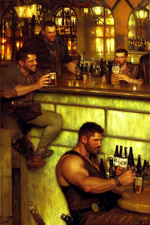 Image similar to chris redfield drinking beer in a bar, painting by gaston bussiere, craig mullins, greg rutkowski, alphonse mucha