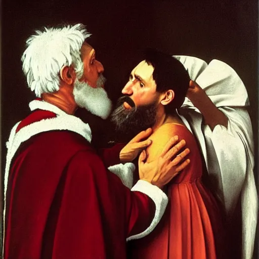 Prompt: Father Christmas arguing with Professor Brian Cox Painted by Caravaggio