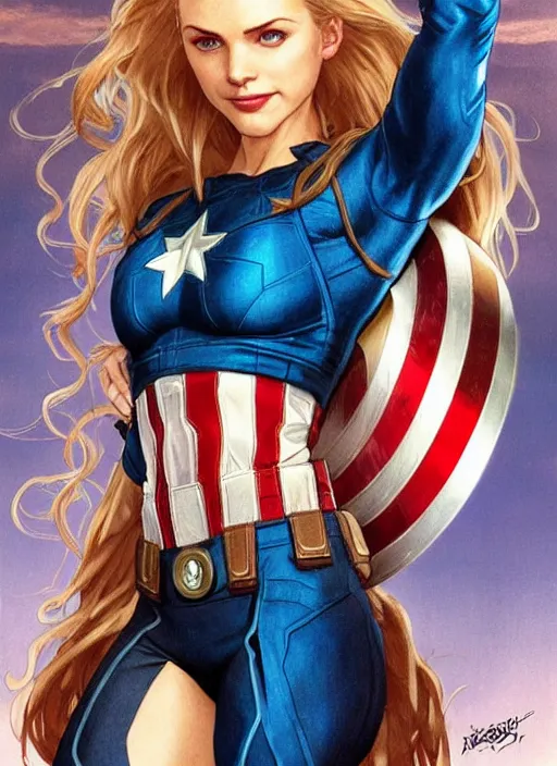 Prompt: toned young april with a mischievous face and extremely long blonde wavy hair dressed as superhero in her early 2 0 s, posing with hands behind back, captain america, tight fit, intricate detailed face, artgerm, greg rutkowski, alphonse mucha