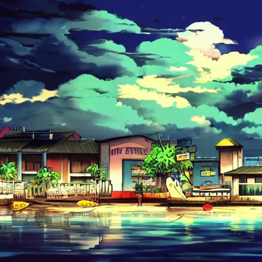 Image similar to a costal florida town at midnight, dark outside, ocean nearby, modern anime style, official anime still