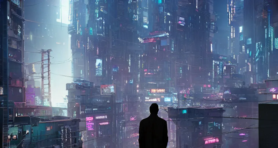 Prompt: a lone detective stands on a rooftop of a cyberpunk city