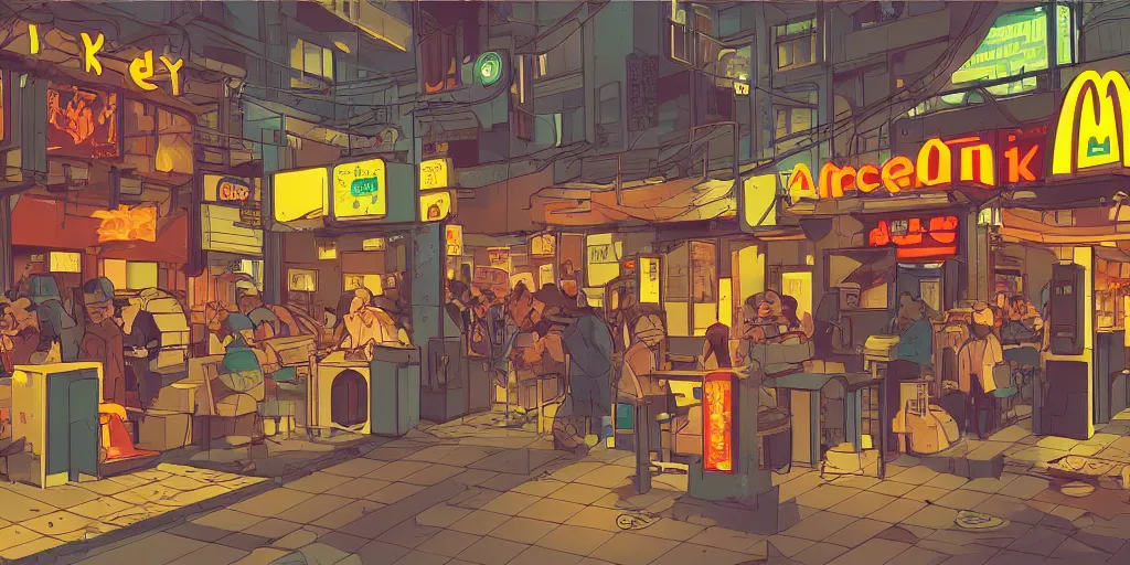 Prompt: a busy backalley cyberpunk mcdonalds by kirokaze, coherent, golden arches, burger place