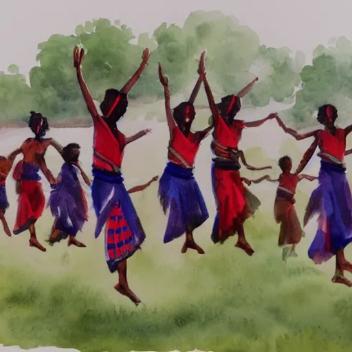 Prompt: a watercolor painting of maasai jumping dancers