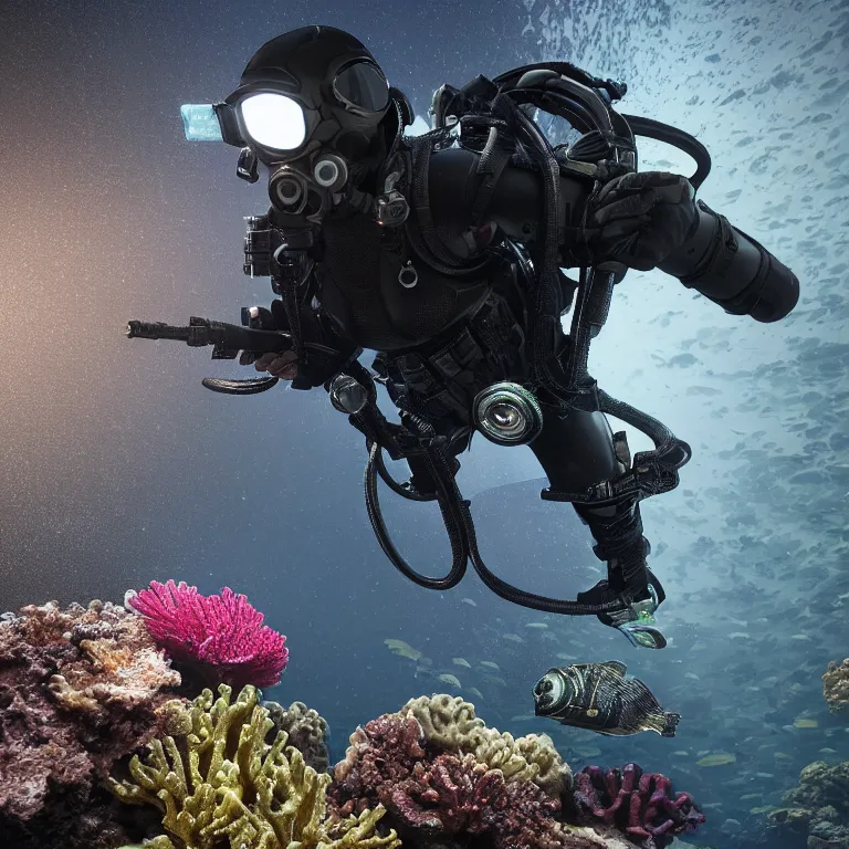 Image similar to octane render portrait by wayne barlow and carlo crivelli and glenn fabry, subject is a shiny reflective tactical black ops futuristic scuba diver with small lights inside helmet, surrounded by bubbles inside an exotic alien coral reef aquarium full of exotic fish, cinema 4 d, ray traced lighting, very short depth of field, bokeh