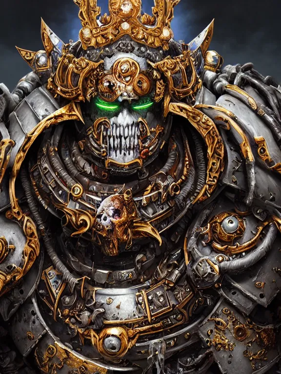 Prompt: portrait art of 8k ultra realistic undead corrupted space marine king, ornate intricate crown, blood splatters , detailed intricate ornate armour,decaying, cybernetic, full of colour, cinematic lighting, battered, trending on artstation, 4k, hyperrealistic, focused, extreme details,unreal engine 5, cinematic, masterpiece, art by ayami kojima, giger