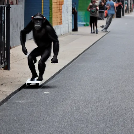 Prompt: a chimpanzee wearing a backwards cap skateboarding on a street