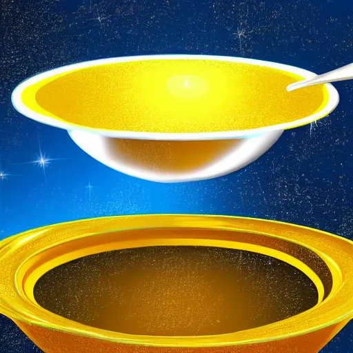 Image similar to portal to another galaxy inside a bowl of soup, yellow background, digital art
