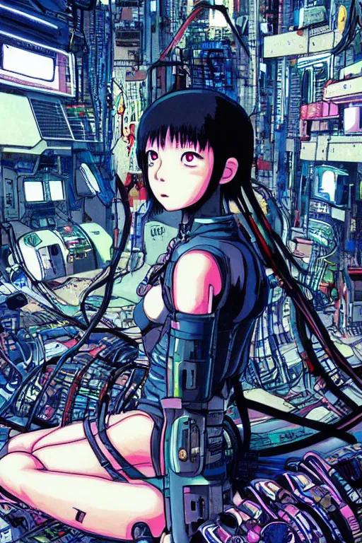 Prompt: cyberpunk anime style illustration of an android girl seated on the floor, seen from behind with her back open showing a complex mess of cables and wires, by mamoru oshii and katsuhiro otomo, studio ghibli color scheme