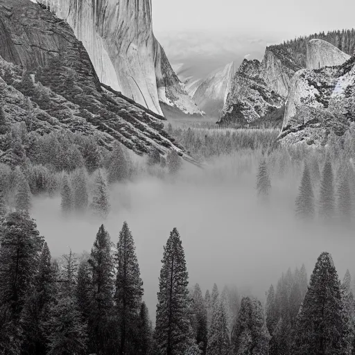 Prompt: black-and-white landscape photograph of Yosemite National, covered in mist, Park by Ansel Adams width 1024