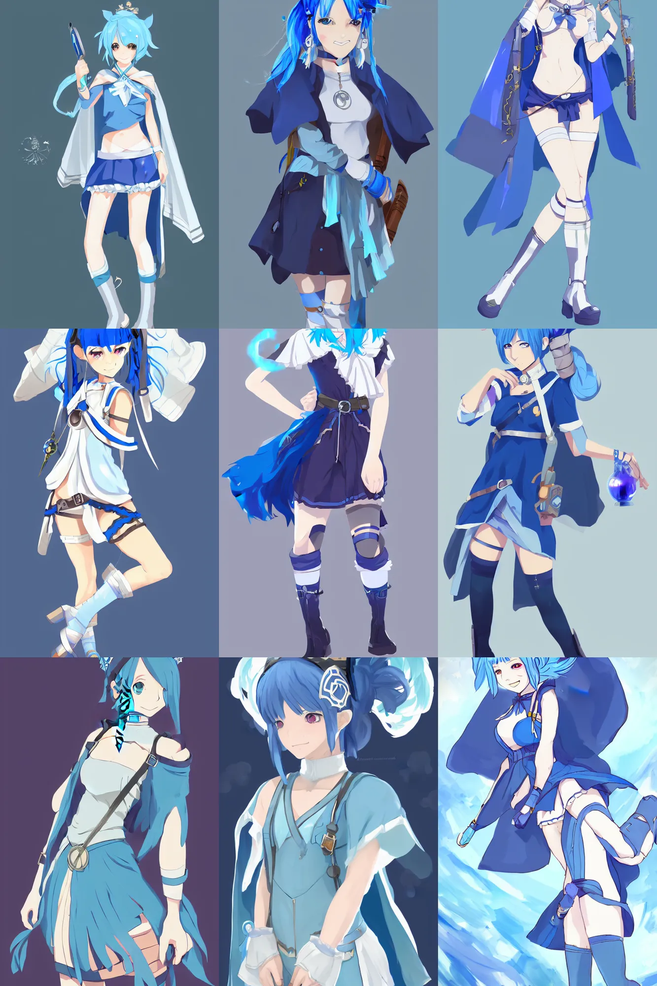 Prompt: a blue-haired traveller, alchemist girl, short hair, wearing a headband, short pale tunic and white stockings, high boots, azure cape, anime character; in the Japanese fantasy videogame; character concept art; trending on artstation, highly detailed, clean lineart, vector line art, clean, by Ilya kuvshinnikov
