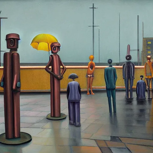 Prompt: drab human workers, guarded by rusty robot overlords, brutalist city street, cloudy, raining, dystopian, pj crook, edward hopper, oil on canvas