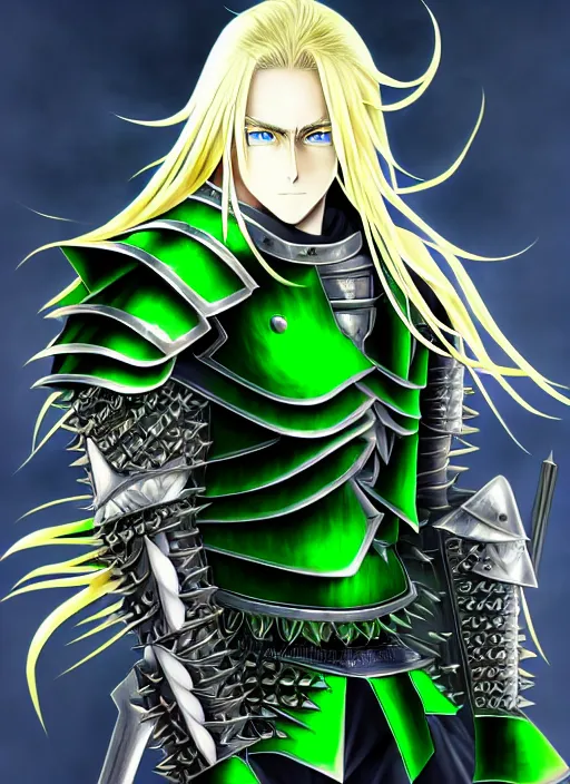 Image similar to a detailed anime full body portrait of a male warrior with long blonde hair and blue eyes wearing evil green spiked cyberpunk armour by hirohiko araki, detailed artwork, realism, 4 k resolution, detailed, high quality, sharp focus, hq artwork, insane detail, volumetric lighting, character concept art, fine details, clear subject, central subject