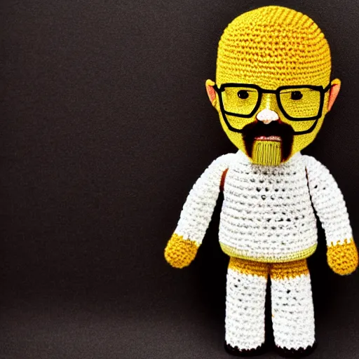 Image similar to walter white as a knitted crochet doll, 4 k, hyper realistic, dslr, high resolution, landscape, beautiful